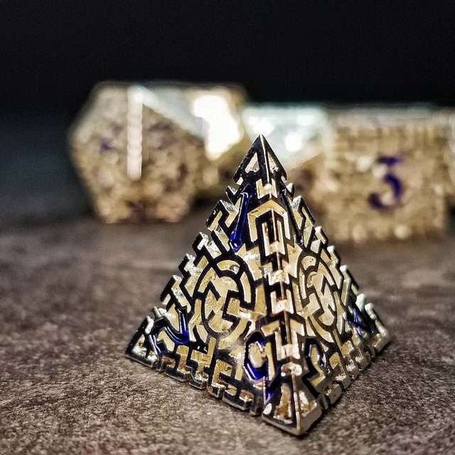 Sage's Labyrinths - Silver Weave Blue Ink Hollow Metal Polyhedral Dice Set image 23