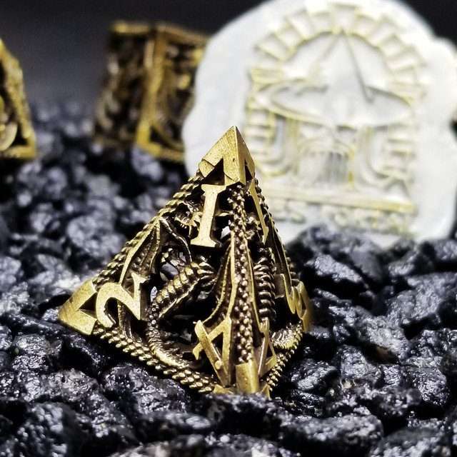 Sage’s Dragonstones Regal Dragon Bronze Hollow Metal Polyhedral Dice Set image 6