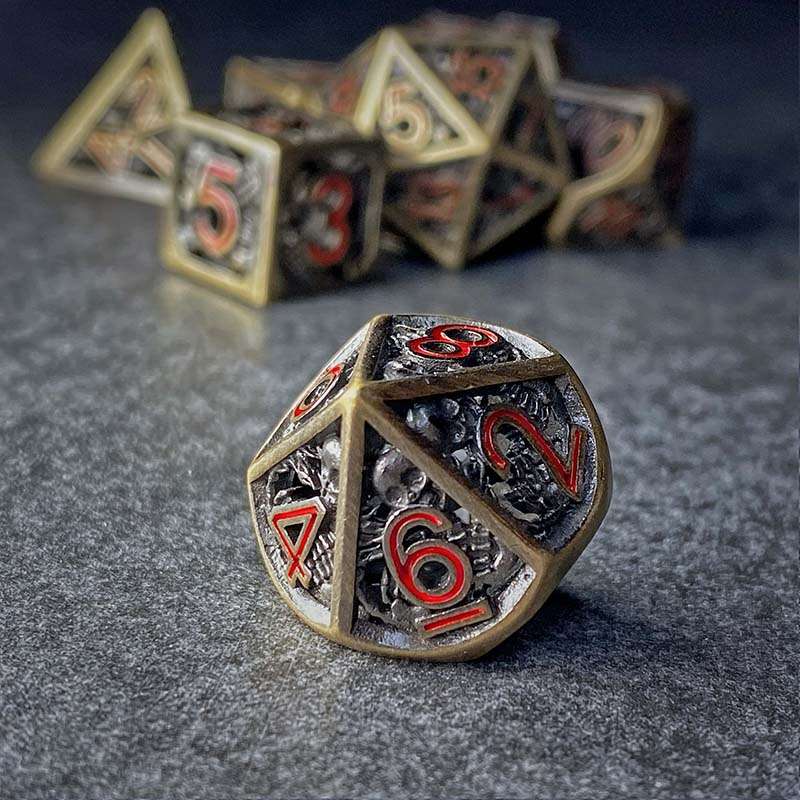 Sage's Grim's Fortunes - Bronze Red Ink Reaper Hollow Metal Polyhedral Dice Set image 3
