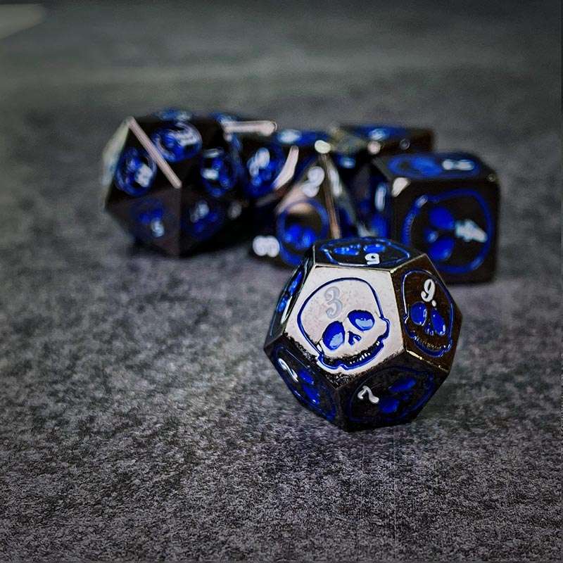 Sage's Grim's Fortunes - Gloss Black with Blue Metal Polyhedral Dice Set image 2