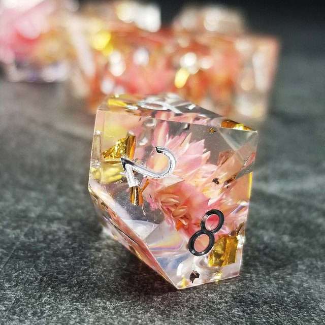 Sage’s Enchanted Flower Pink Sharp Edge Resin Polyhedral Dice Set image 20