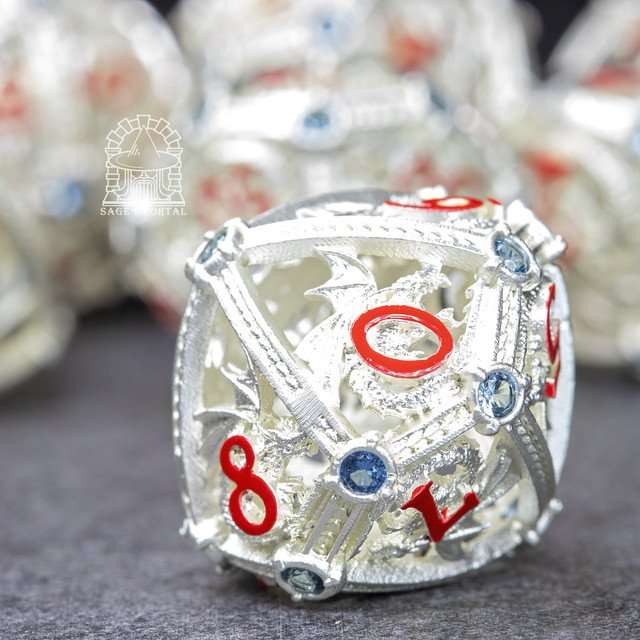Sage’s Dragon Orb Silver Blue Diamond Hollow Metal Polyhedral Dice Set image 3