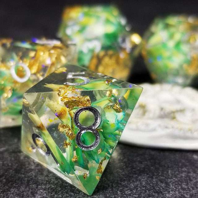 Sage’s Enchanted Flower Cyan Sharp Edge Resin Polyhedral Dice Set image 34