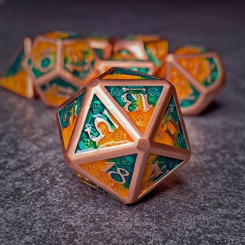 Sage's Grim's Fortunes - Bronze Peach/Green Skull-Bones Metal Polyhedral Dice Set image 2