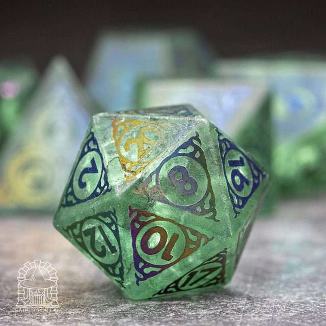 Sage's Glyphed Green Cracked Glass Frosted Finish Polyhedral Dice Set image 1