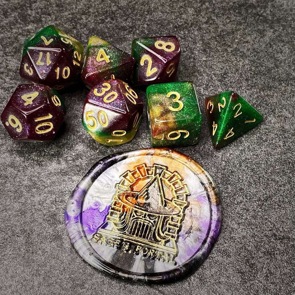 Sage's Shards - Green/Lime/Purple and Gold Ink Glitter Polyhedral Dice Set image 4