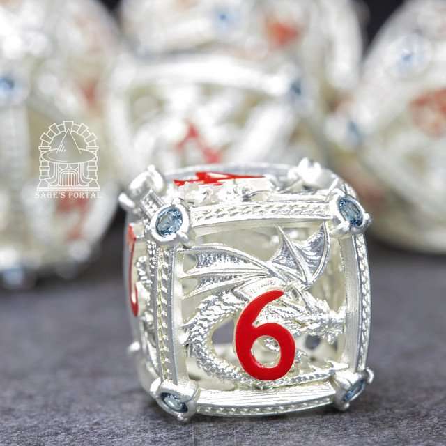Sage’s Dragon Orb Silver Blue Diamond Hollow Metal Polyhedral Dice Set image 6