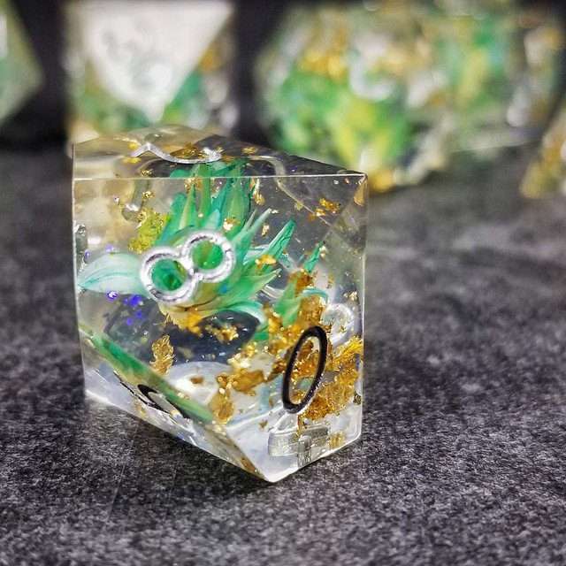 Sage’s Enchanted Flower Cyan Sharp Edge Resin Polyhedral Dice Set image 20