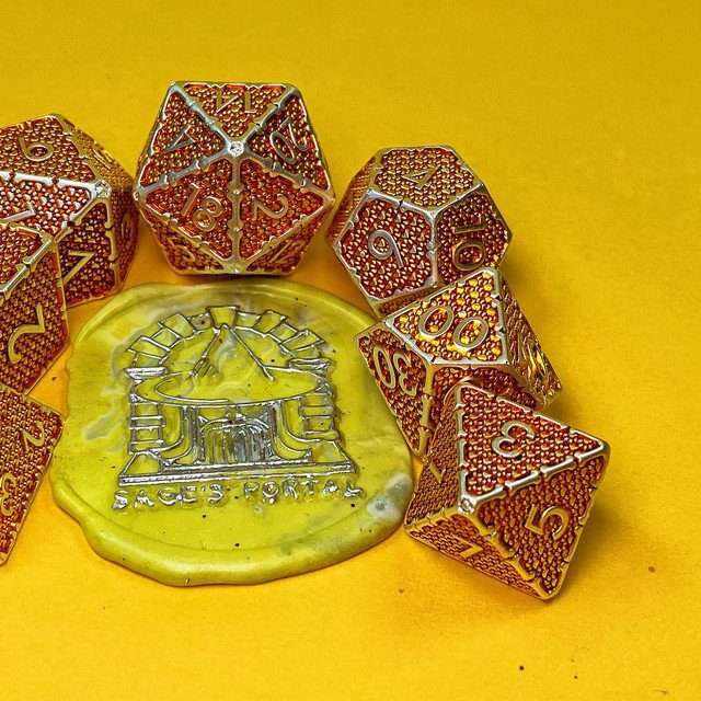 Sage's Hounds - Vintage Yellow with Silver Metal Polyhedral Dice Set image 27