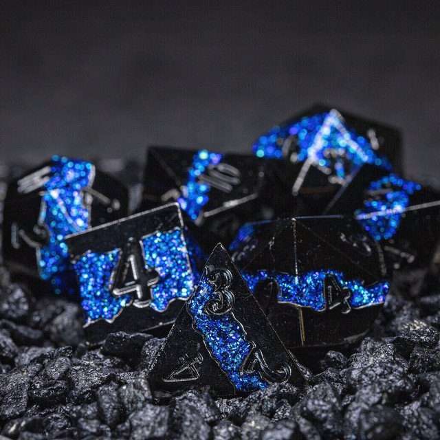 Sage's Rift Stones - Gloss Black Blue Metal Polyhedral Dice Set image 0