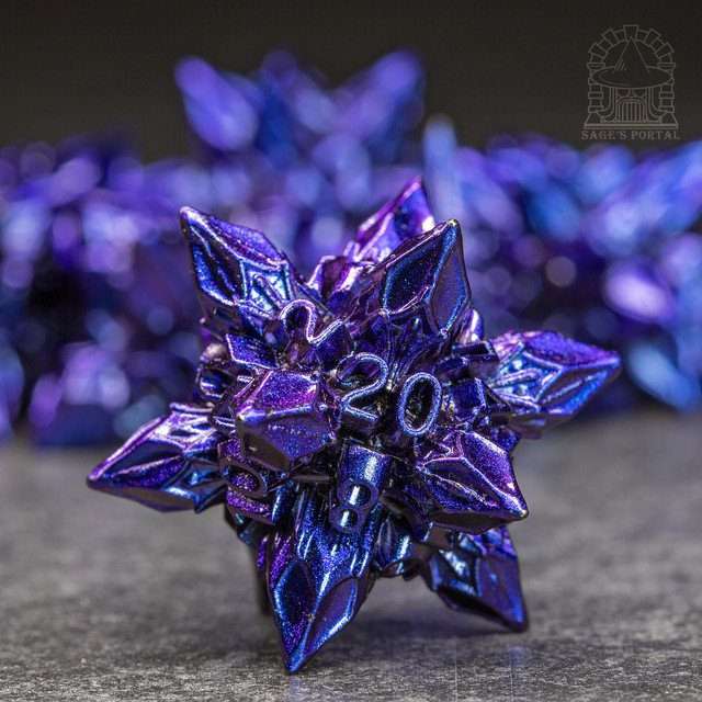 Sage's Deadly Blossoms Blue/Purple Metal Polyhedral Dice Set image 1