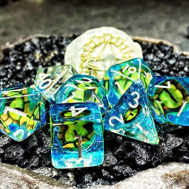 Sage's Bottled Green Dragon Eyes Resin Polyhedral Dice Set image 0