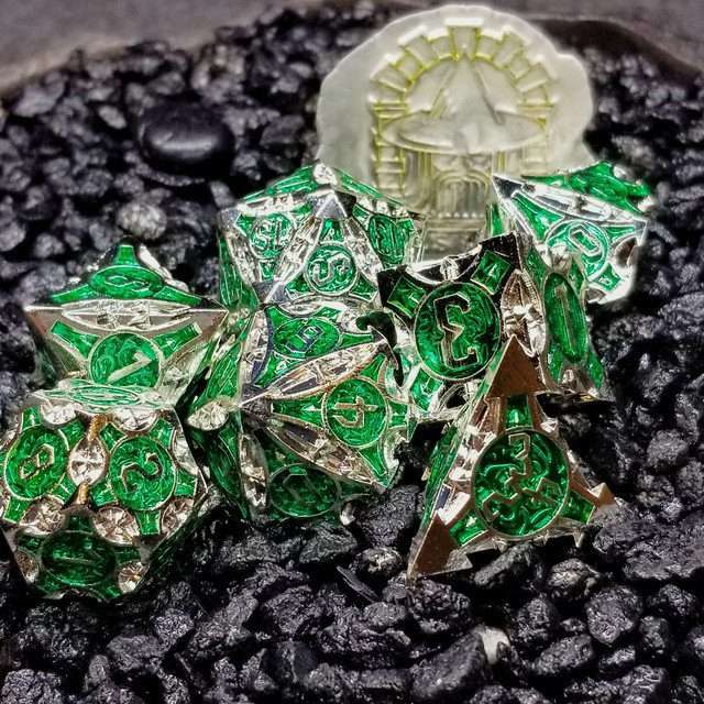 Sage’s Runic Caltrops Silver/Green Metal Polyhedral Dice Set image 0