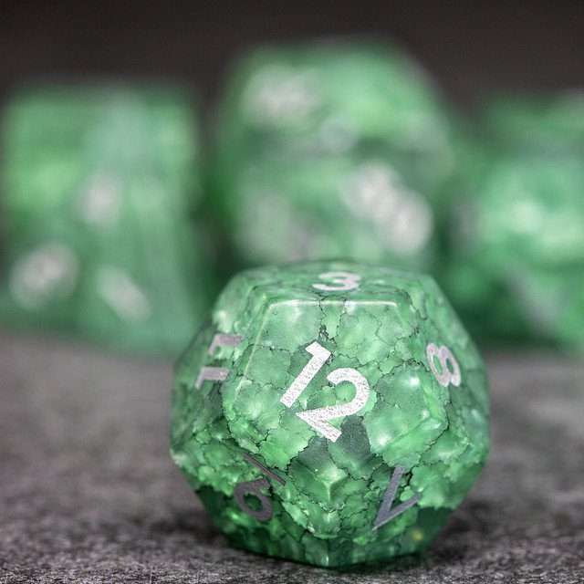 Sage's Kaleidoscopes Green/Mica Cracked Glass Frosted Finish Polyhedral Dice Set image 2