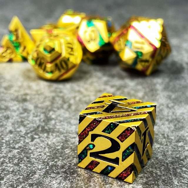 Sage's Dimension Stones - Gold Purple/Green Glitter Stripes Metal Polyhedral Dice Set image 8