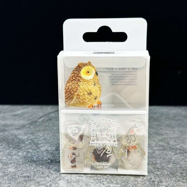 Sage's Baby Owl Familiar Resin Polyhedral Dice Set - Dice + Toy image
