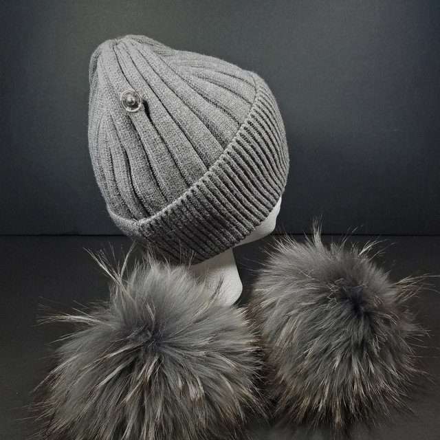 Sage’s Cap – Grey Wool Beanie with Double Raccoon Pompom image 1