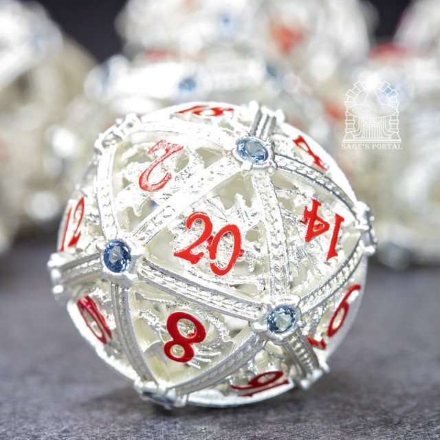 Sage’s Dragon Orb Silver Blue Diamond Hollow Metal Polyhedral Dice Set image 1