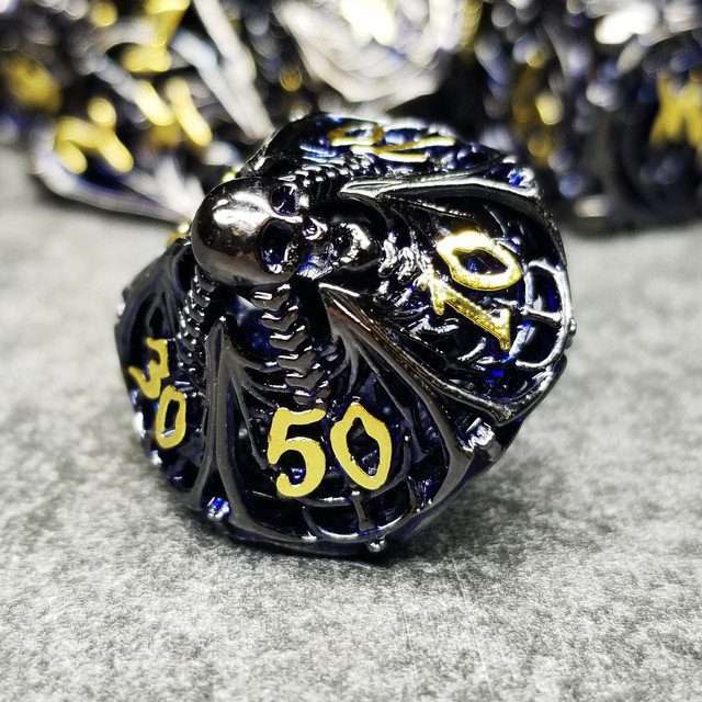 Sage's Macabre Bone Trinket Midnight Blue Inlay Black/Gold Ink Hollow Metal Polyhedral Dice Set image 3
