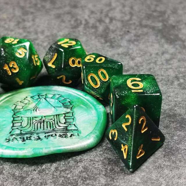Sage's Shards - Green/Charcoal Glitter Gold Ink Polyhedral Dice Set image 0