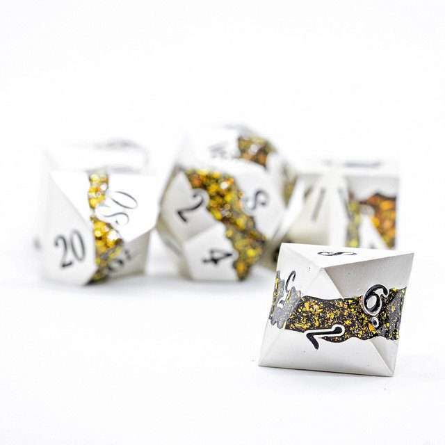 Sage's Rift Stones - Pearl Silver/Chartreuse Metal Polyhedral Dice Set image 6