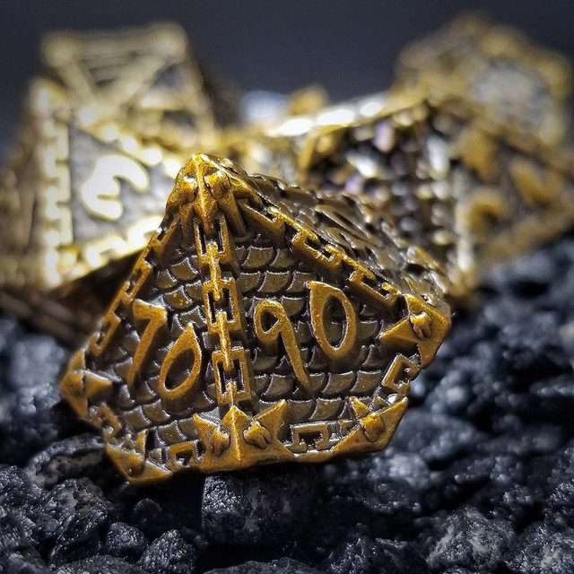 Sage's Dragonstones - Chained Drake Gold Black Metal Polyhedral Dice Set image 2