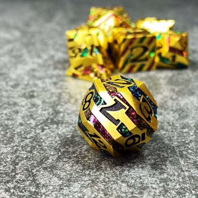 Sage's Dimension Stones - Gold Purple/Green Glitter Stripes Metal Polyhedral Dice Set image 3