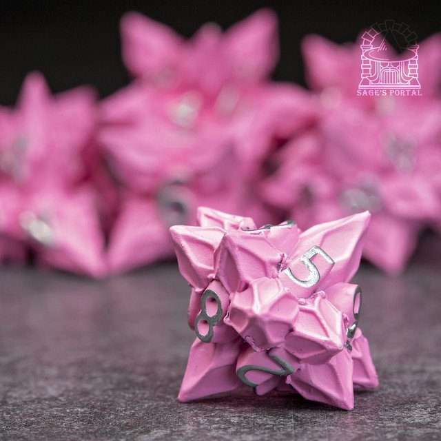 Sage's Deadly Blossoms Painted Pink Metal Polyhedral Dice Set image 4