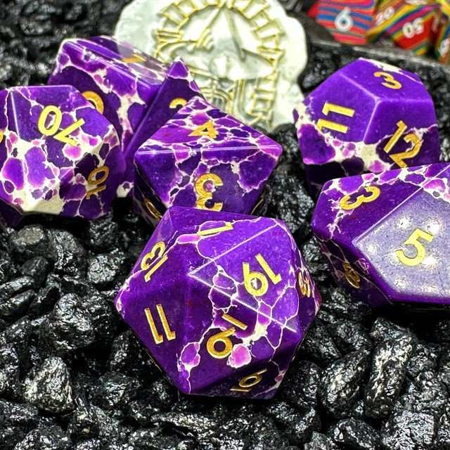 Sage's Treasures - Spotted Purple/White Stone Polyhedral Dice Set image 9