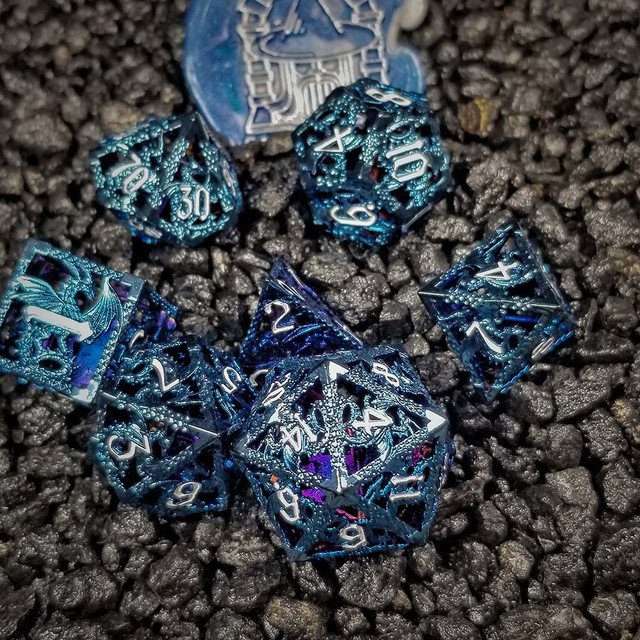 Sage's Dragonstones - Blue Noble Dragon Hollow Metal Polyhedral Dice Set image 1