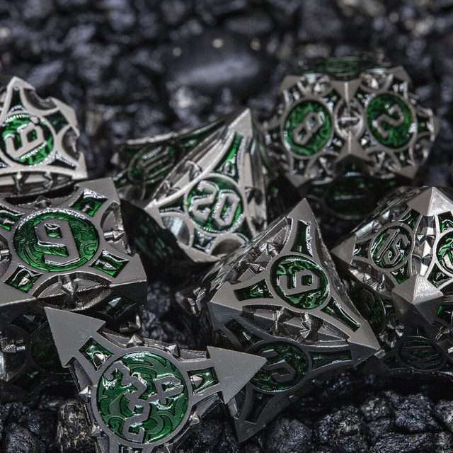 Sage's Runic Caltrops Black/Green Metal Polyhedral Dice Set image 9