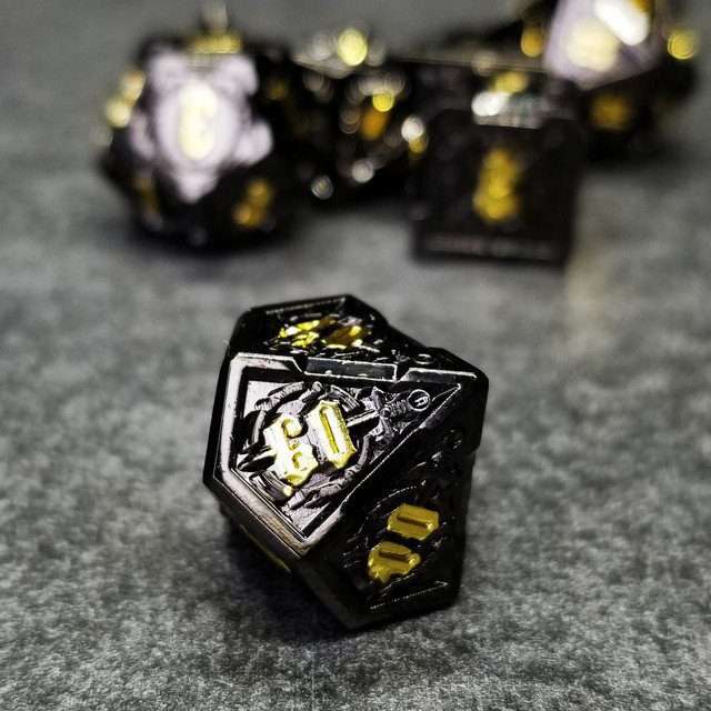Sage's Knight's Valor - Black Inlay Gold Ink Metal Polyhedral Dice Set image 3