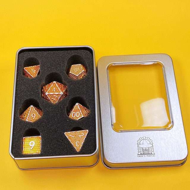 Sage's Hounds - Vintage Yellow with Silver Metal Polyhedral Dice Set image 32