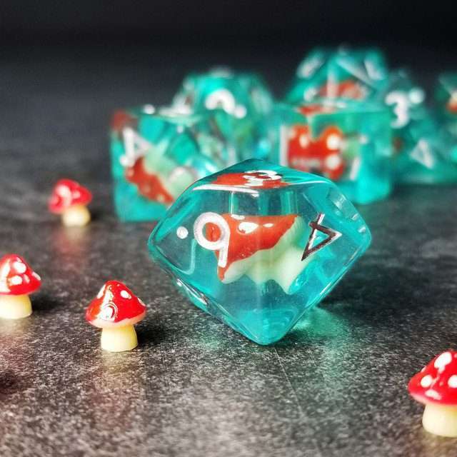 Sage's Familiars - Red Magic Shrooms Resin Polyhedral Dice Set image 3