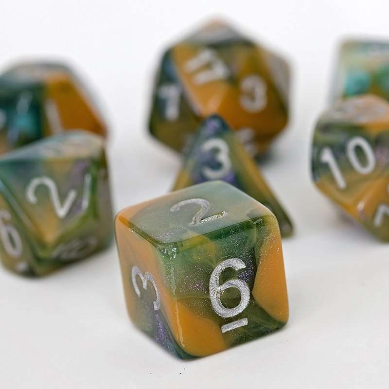 Sage's Shards - Caramel/Green/Turquoise Glitter and Silver Ink Acrylic Polyhedral Dice Set image 6