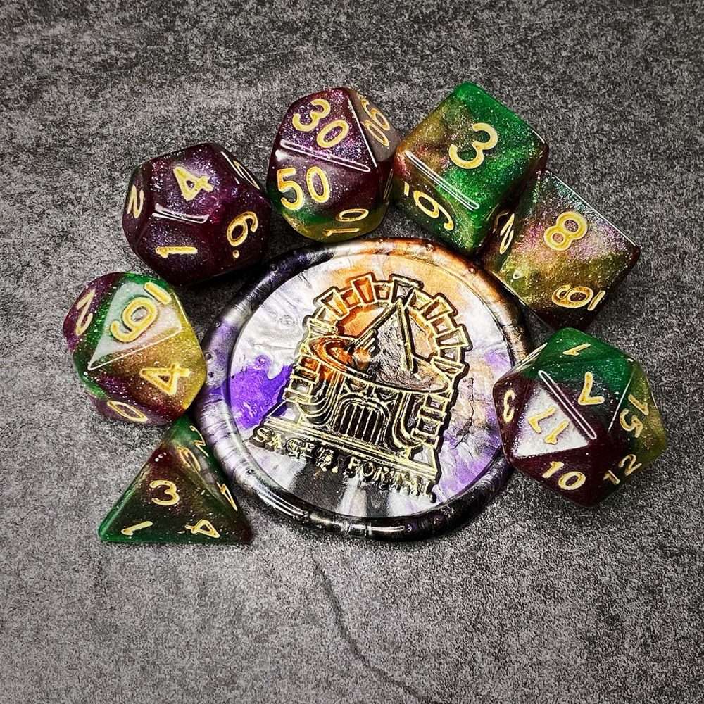 Sage's Shards - Green/Lime/Purple and Gold Ink Glitter Polyhedral Dice Set image 0