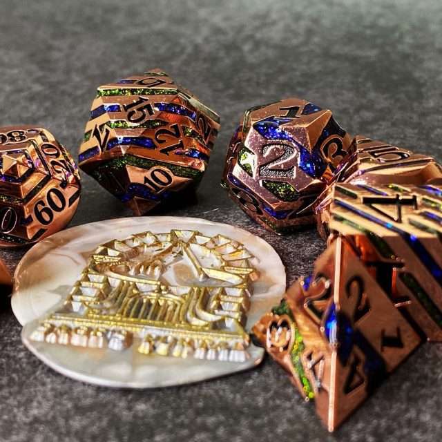 Sage's Dimension Stones - Copper Blue/Green Glitter Stripes Metal Polyhedral Dice Set image 8