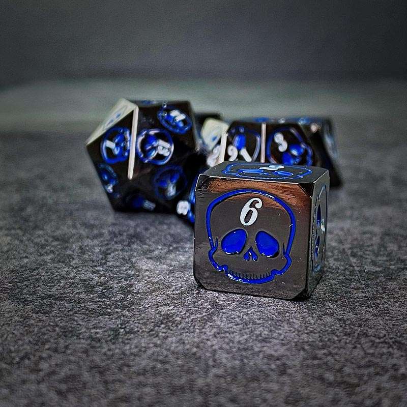 Sage's Grim's Fortunes - Gloss Black with Blue Metal Polyhedral Dice Set image 5
