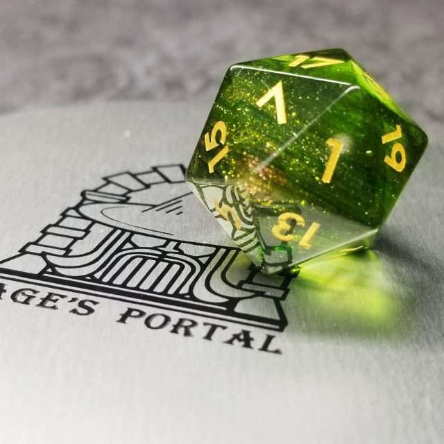 Sage's Treasures- Green Glass Layered Gold Glitter Gemstone Polyhedral Dice Set image 9
