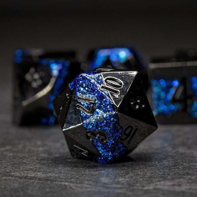 Sage's Rift Stones - Gloss Black Blue Metal Polyhedral Dice Set image 1