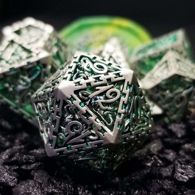 Sage's Dragonstones - Chained Noble Dragon Green Hollow Metal Polyhedral Dice Set image 11