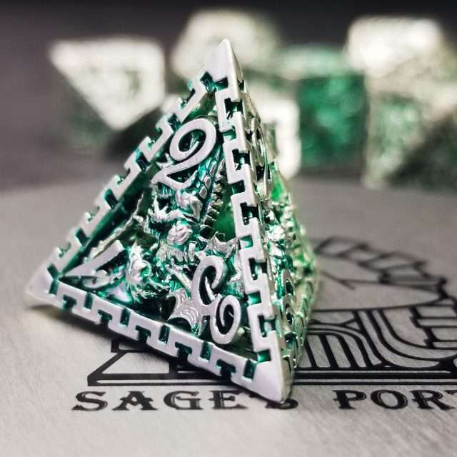 Sage's Dragonstones - Chained Noble Dragon Green Hollow Metal Polyhedral Dice Set image 7