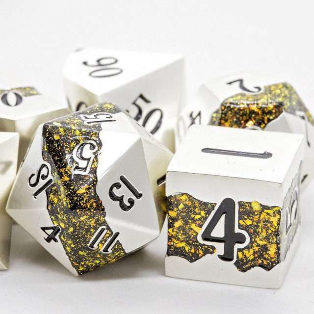 Sage's Rift Stones - Pearl Silver/Chartreuse Metal Polyhedral Dice Set image 1