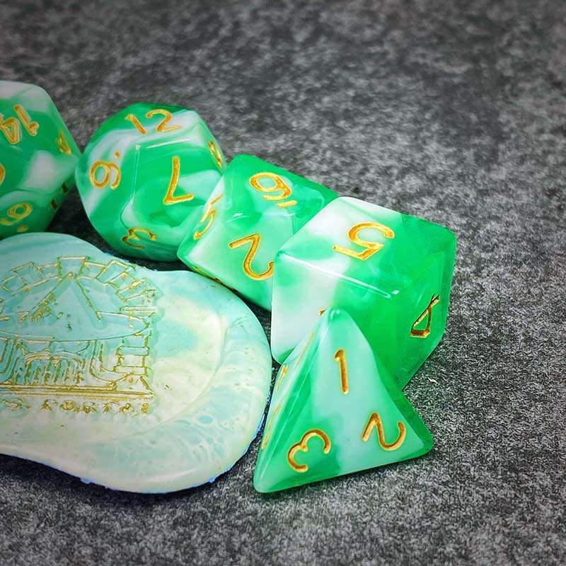 Sage's Stones - Green/White Gold Ink Acrylic Polyhedral Dice Set image 11