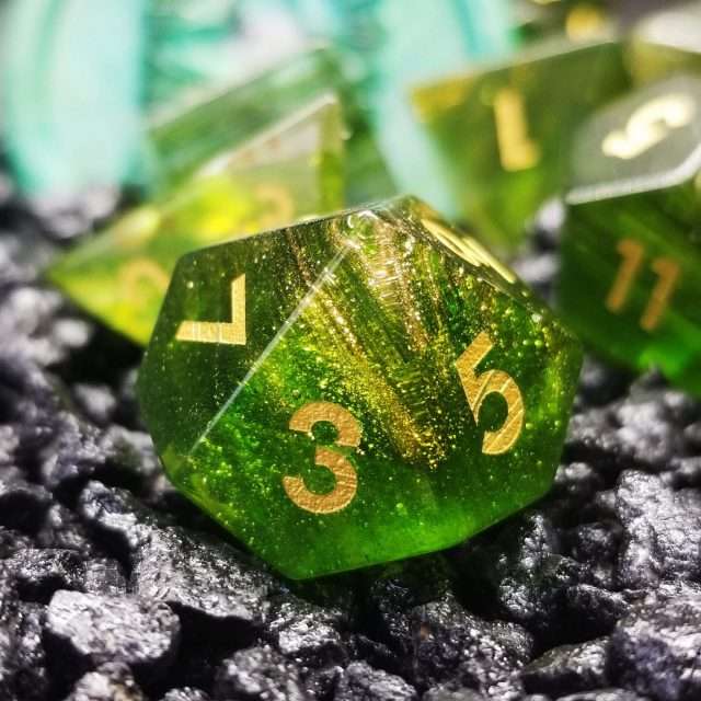 Sage's Treasures- Green Glass Layered Gold Glitter Gemstone Polyhedral Dice Set image 4