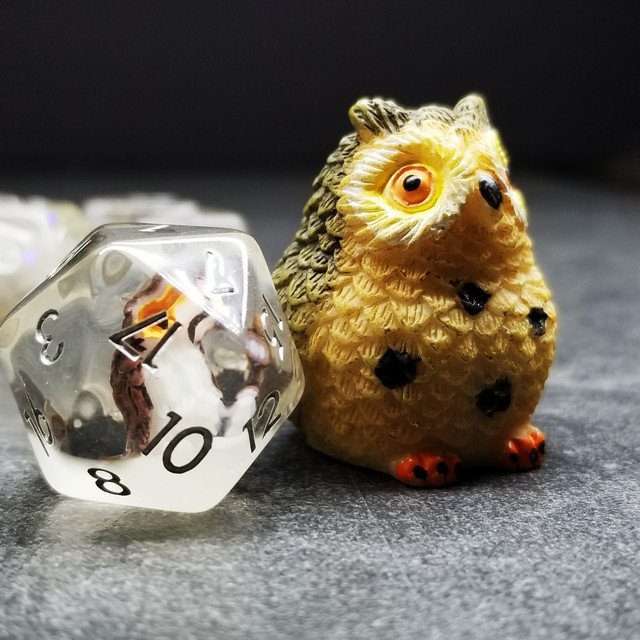 Sage's Baby Owl Familiar Resin Polyhedral Dice Set image 1