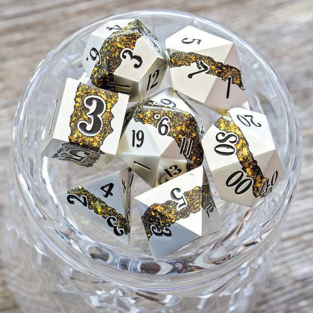 Sage's Rift Stones - Pearl Silver/Chartreuse Metal Polyhedral Dice Set image 0