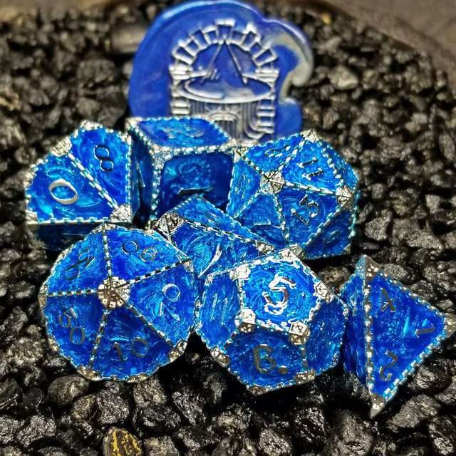 Sage's Dragonstones - Mystic Wyvern Sapphire and Silver Metal Polyhedral Dice Set image 8