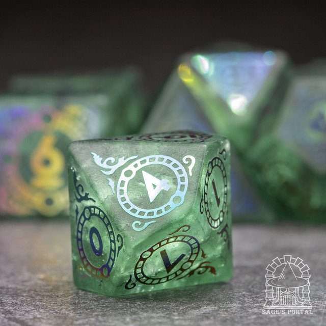 Sage's Glyphed Green Cracked Glass Frosted Finish Polyhedral Dice Set image 4