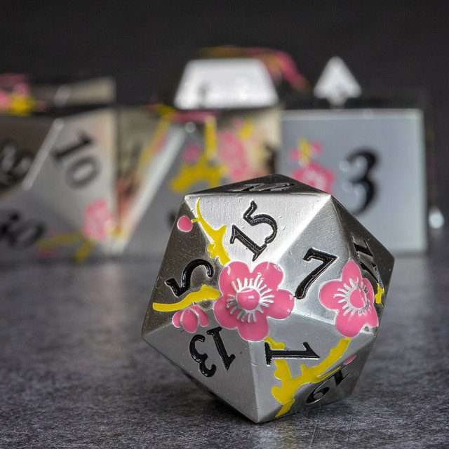 Sage's Petrified Flowers Silver Pink/Yellow Flowers Metal Polyhedral Dice Set image 3